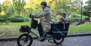 person riding a bicycle with a child in a hamper on the back