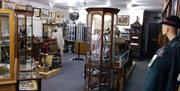 The interior of Henfield Museum with wooden display cabinets, paintings and a costume manikin.