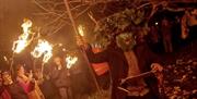 Beardy Steve, dressed in green face paint and hat with antlers, leads a flaming wassail procession at the Bignose & Beardy Orchard and calls down a bl