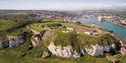 Newhaven Fort aerial view showing the full grounds, river and ferry