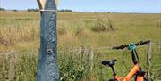 an e-bike parked next to a sign for rye with meadow in the background