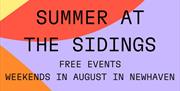 Graphic in red orange and purple with Summer at the Sidings