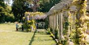 image looking at the gardens and water feature